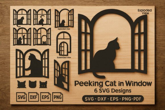 Create charming feline window scenes with this Peeking Cat in Window SVG Bundle. This collection of six unique silhouettes offers a delightful way to add whimsy and character to your crafting projects, featuring playful cats framed by elegant arched windows. Designed for clean cuts and easy tracing, these files provide a versatile foundation for a wide range of creative applications.