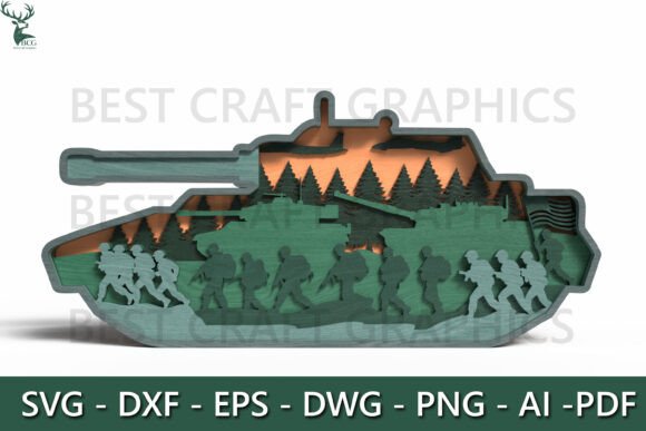 Military Tank Laser Cut Scene: 3D Decor for Patriotic Displays