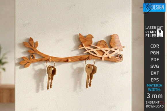 Rustic Bird Wall Key Holder Laser Cut Design
